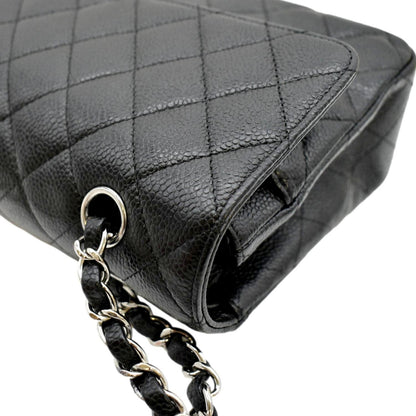 CHANEL Classic Medium Double Flap Quilted Caviar Leather Shoulder Bag Black