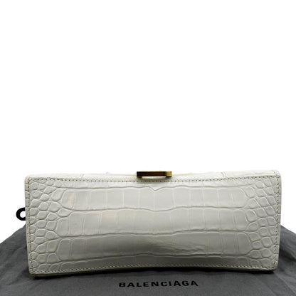 BALENCIAGA Small Hourglass Crocodile Embossed Top Handle Shoulder Bag White