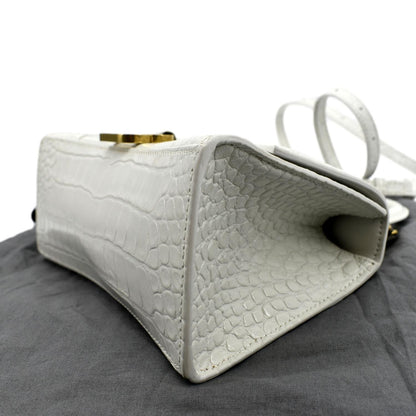 BALENCIAGA Small Hourglass Crocodile Embossed Top Handle Shoulder Bag White