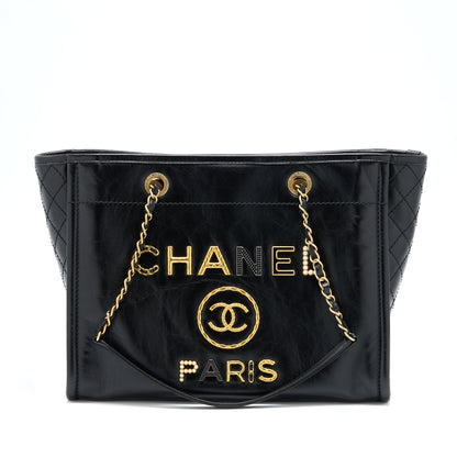 Chanel Deauville Tote Bag Calfskin Black With Detail Logo GHW