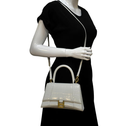 BALENCIAGA Small Hourglass Crocodile Embossed Top Handle Shoulder Bag White