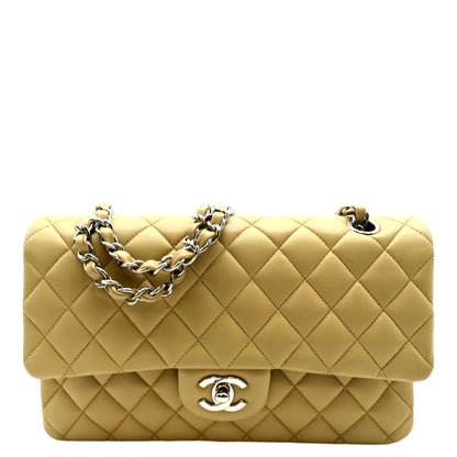 CHANEL Classic Medium Double Flap Quilted Leather Shoulder Bag Beige