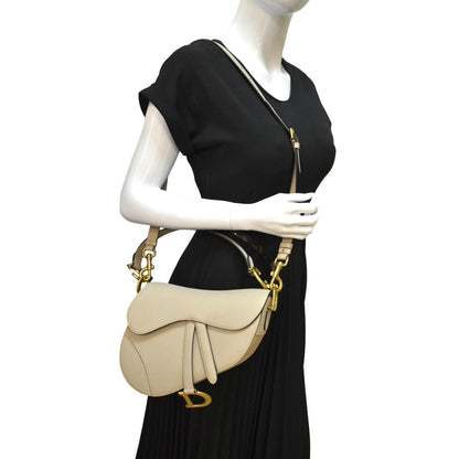 CHRISTIAN DIOR Saddle Grained Calfskin Leather Shoulder Bag Beige
