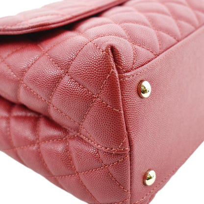 CHANEL Medium Coco Quilted Caviar Leather Top Handle Shoulder Bag Red