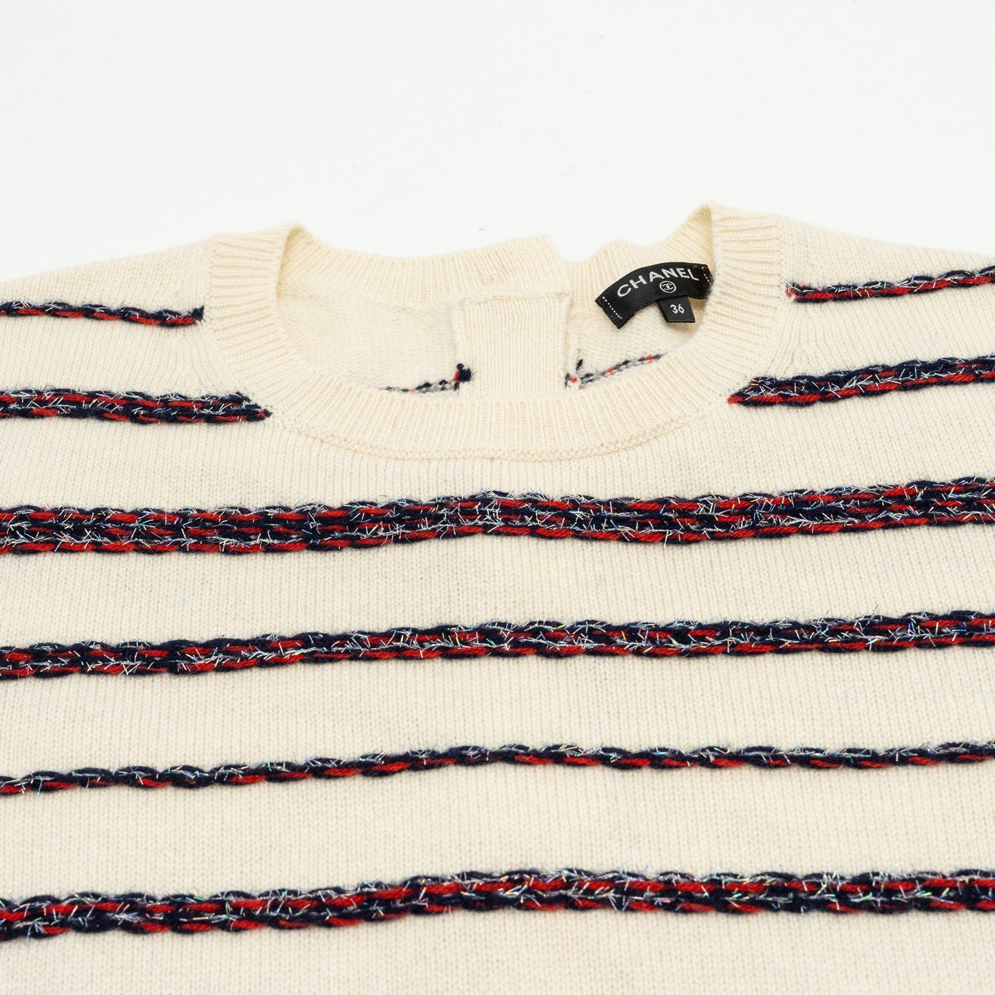 Chanel 20S Size 36 Stripe Pullover / BackButtons Cardigan Cashmere White/Multicolour