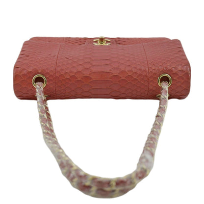 CHANEL Classic Medium Double Flap Python Leather Shoulder Bag Red