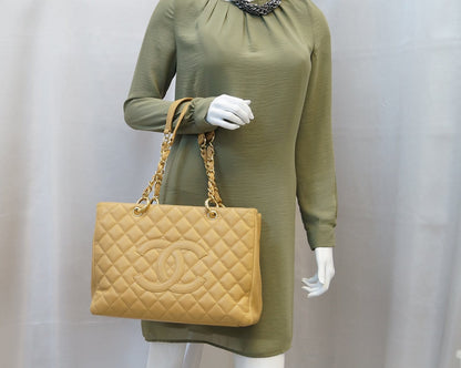 CHANEL Beige Caviar Leather Shopping Tote Bag