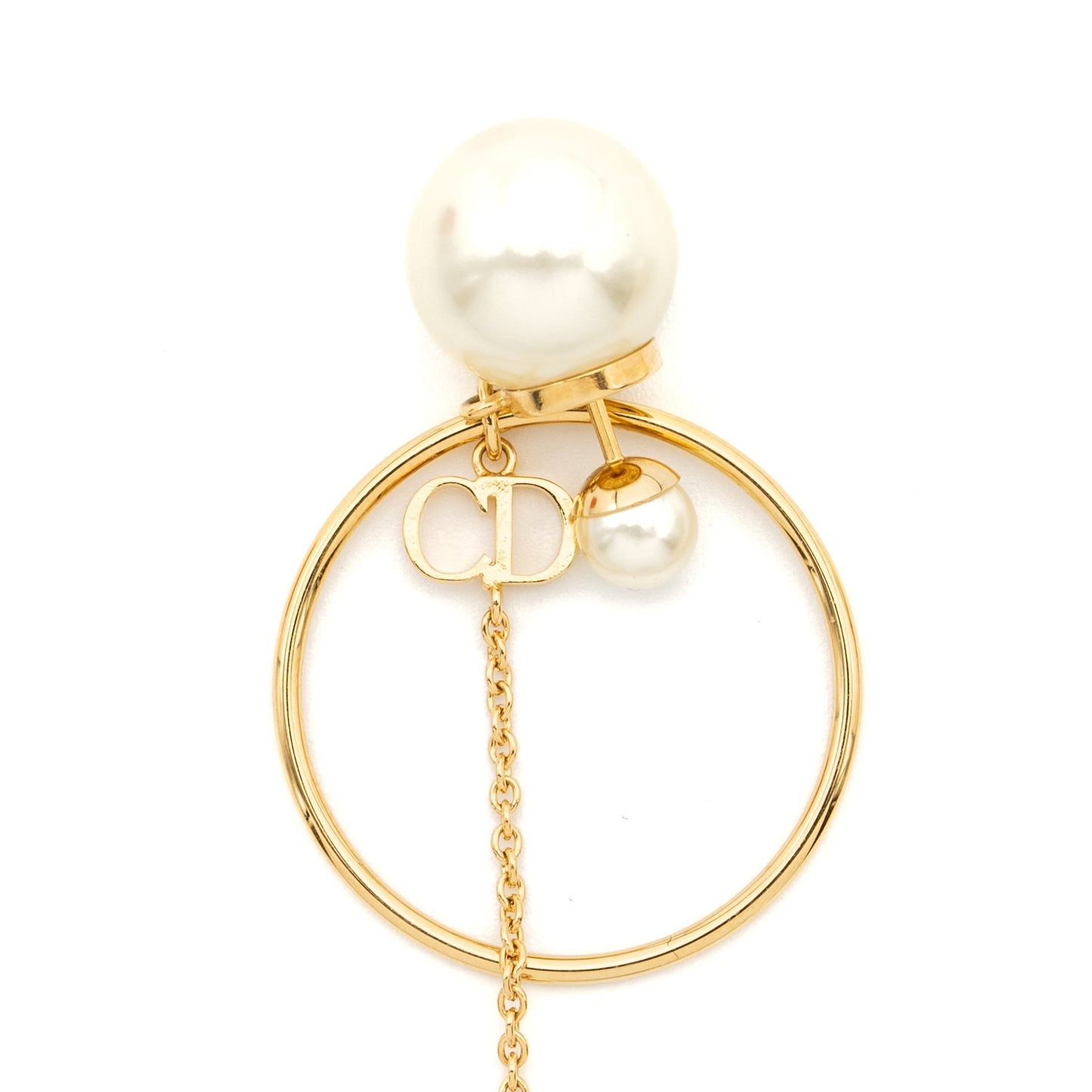 Dior Logo Round Drop Earrings Pearl Gold Tone