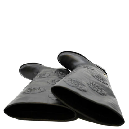 CHANEL Camellia Leather Boot Black Size 39.5