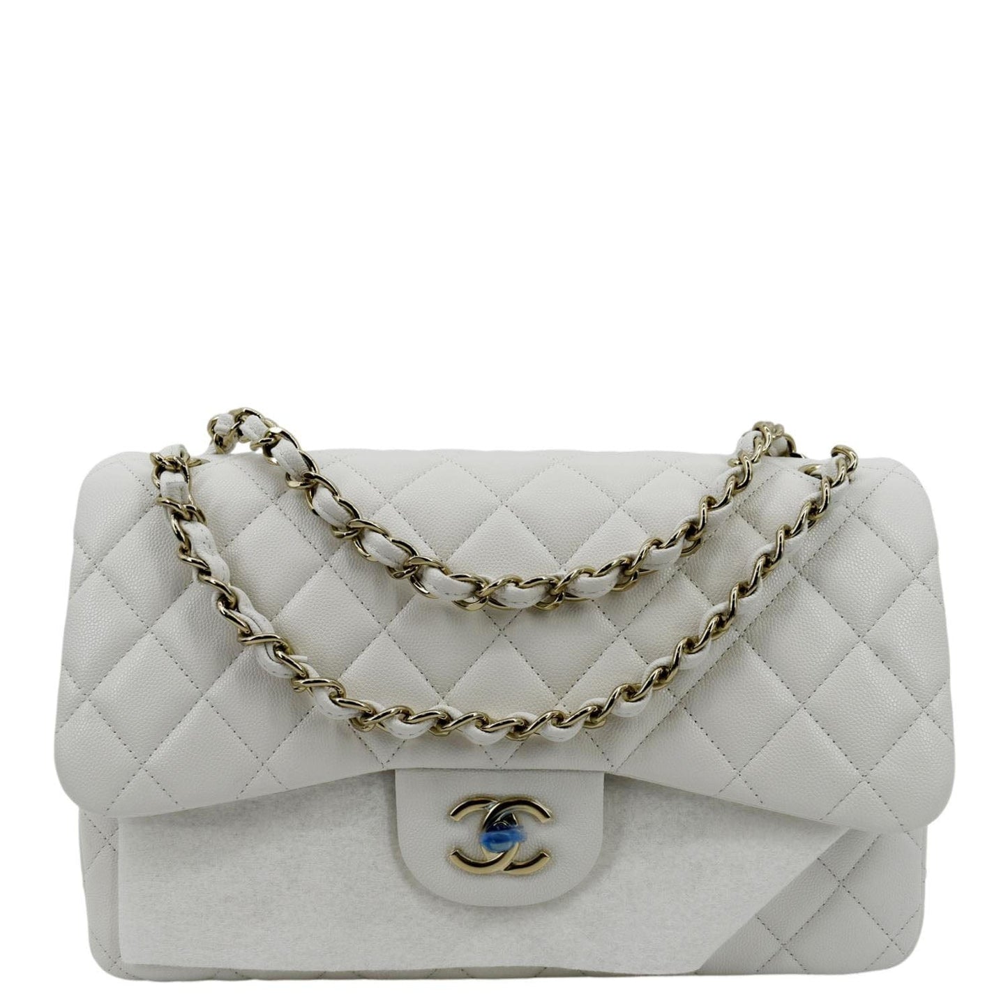 CHANEL Jumbo Double Flap Quilted Caviar Leather Shoulder Bag White