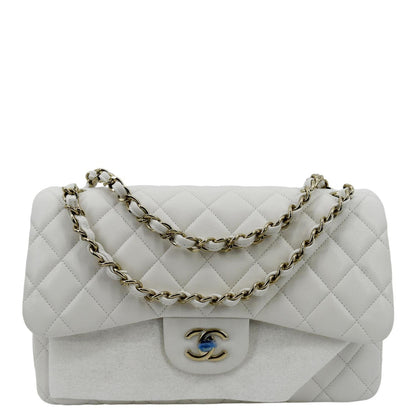 CHANEL Jumbo Double Flap Quilted Caviar Leather Shoulder Bag White
