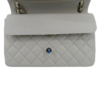 CHANEL Jumbo Double Flap Quilted Caviar Leather Shoulder Bag White