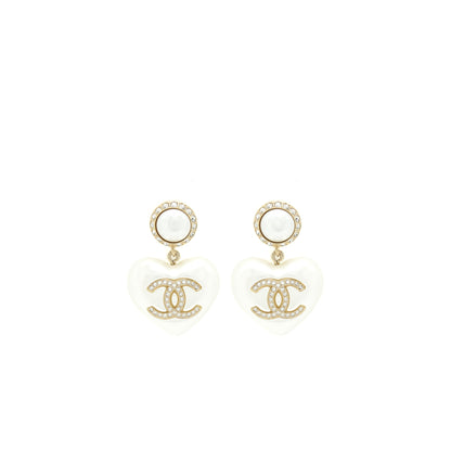Chanel Heart Pearl Crystals CC Logo Earrings LGHW