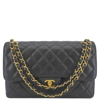 CHANEL Classic Jumbo Double Flap Quilted Caviar Leather Shoulder Bag Black