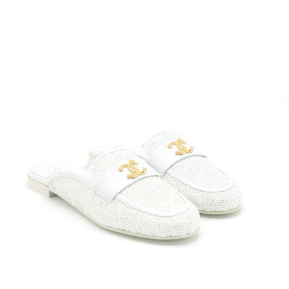 Chanel Size 38 CC Logo Sequins Lambskin Mule White GHW