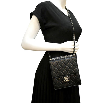 CHANEL Chic Pearls Flap Quilted Calfskin Leather Shoulder Bag Black