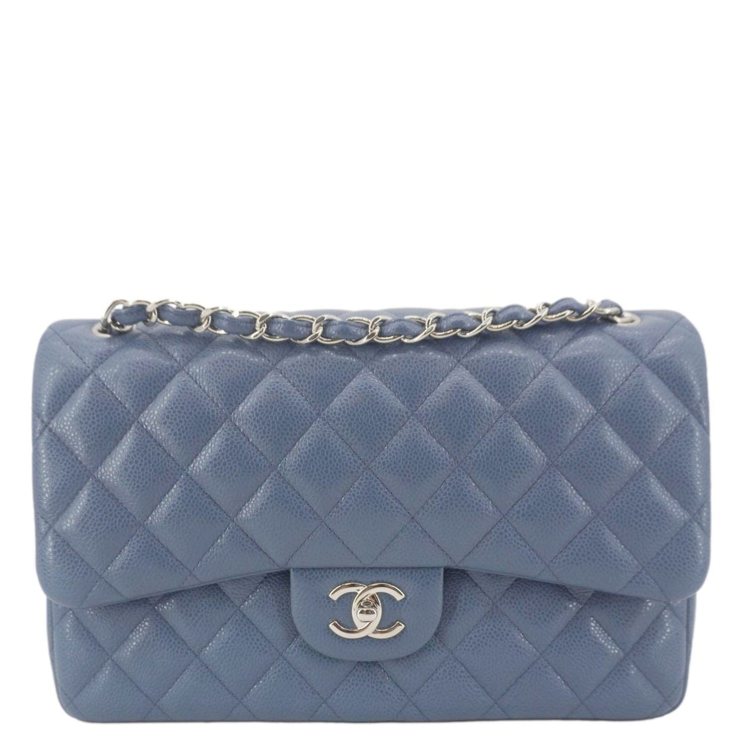 CHANEL Classic Jumbo Double Flap Quilted Caviar Leather Shoulder Bag Blue