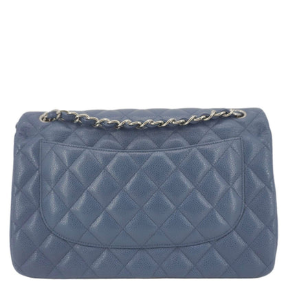 CHANEL Classic Jumbo Double Flap Quilted Caviar Leather Shoulder Bag Blue