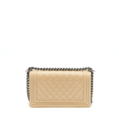Chanel Medium Boy Patent Light Beige Ruthenium Sliver Hardware