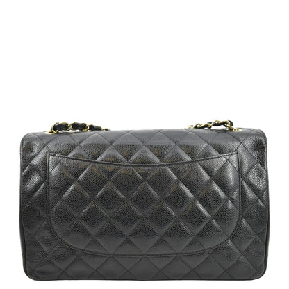 CHANEL Classic Jumbo Double Flap Quilted Caviar Leather Shoulder Bag Black