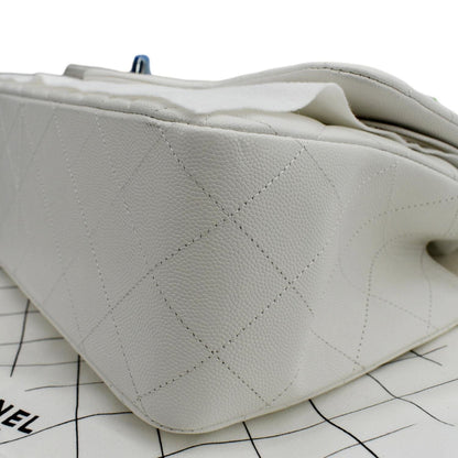 CHANEL Jumbo Double Flap Quilted Caviar Leather Shoulder Bag White