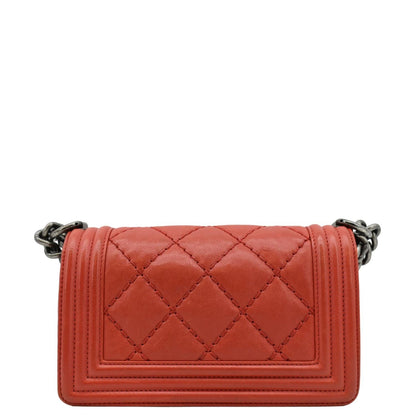 CHANEL Double Stitch Small Boy Flap Quilted Leather Shoulder Bag Red