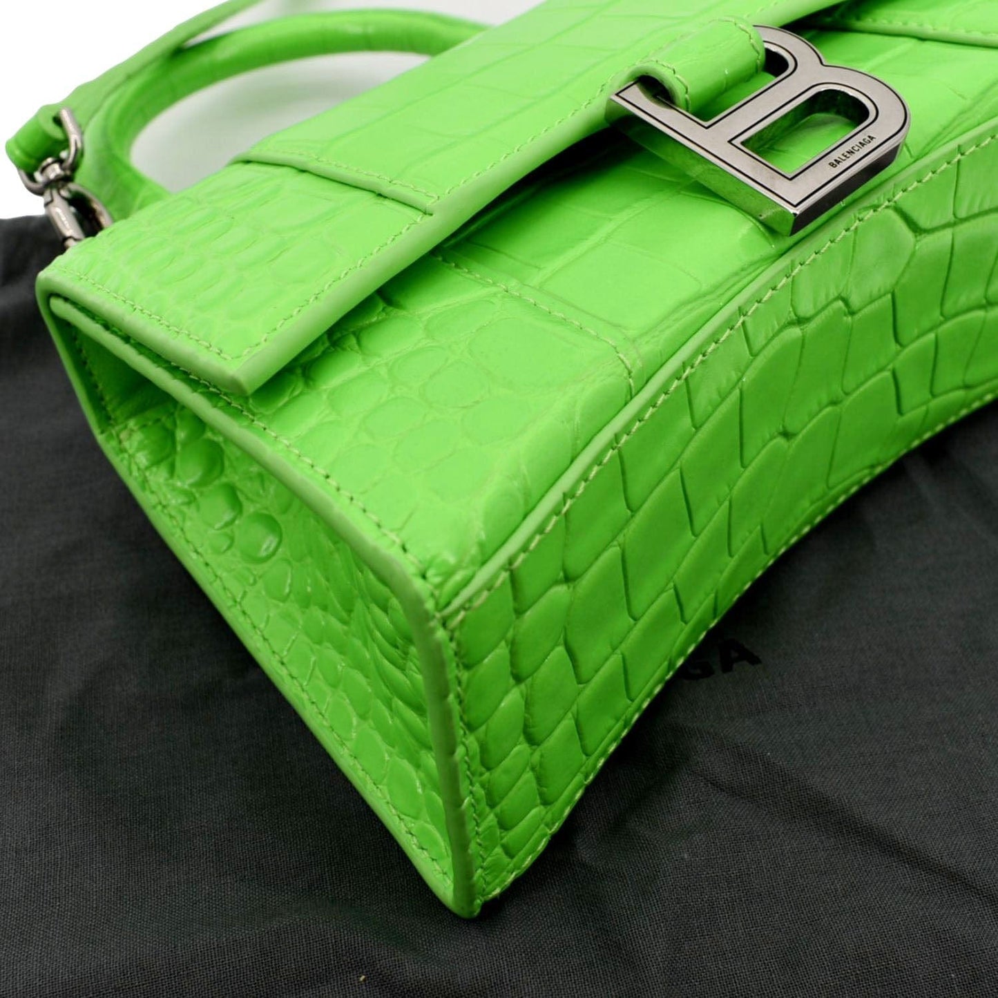 BALENCIAGA Small Hourglass Crocodile Embossed Top Handle Shoulder Bag Green