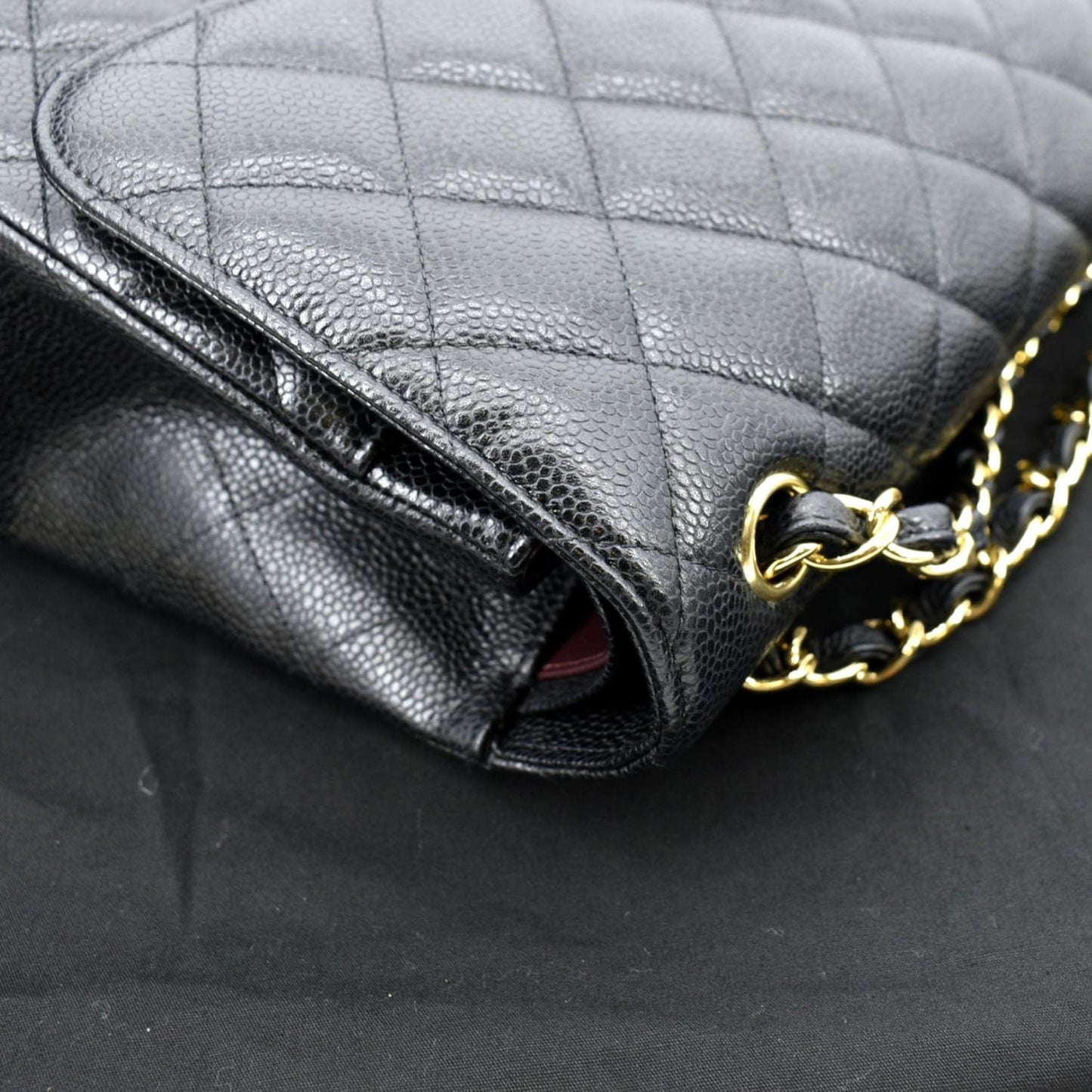 CHANEL Classic Jumbo Double Flap Quilted Caviar Leather Shoulder Bag Black