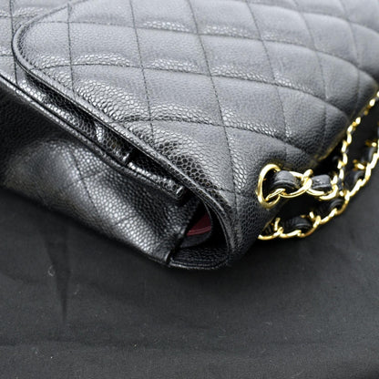 CHANEL Classic Jumbo Double Flap Quilted Caviar Leather Shoulder Bag Black