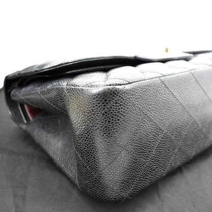 CHANEL Classic Jumbo Double Flap Quilted Caviar Leather Shoulder Bag Black