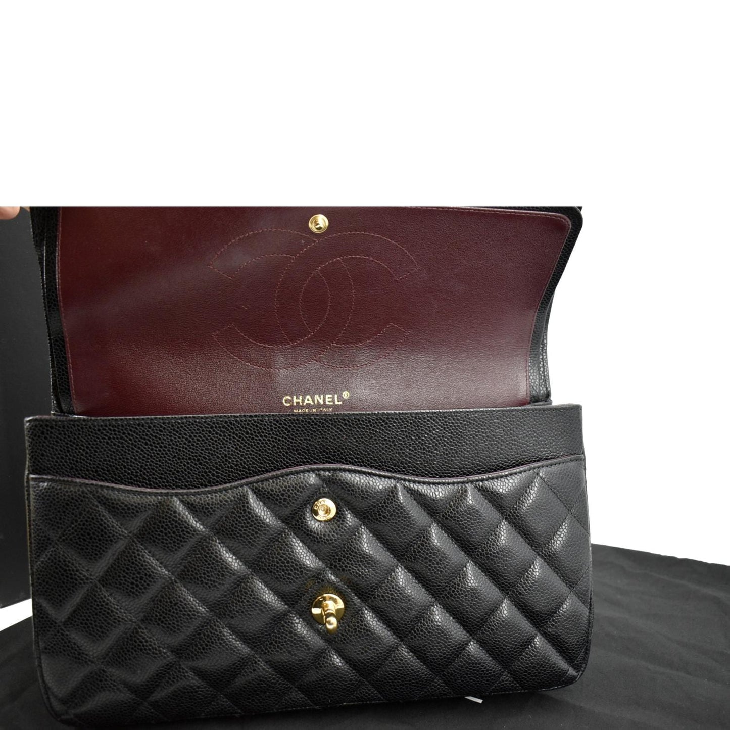 CHANEL Classic Jumbo Double Flap Quilted Caviar Leather Shoulder Bag Black