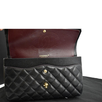 CHANEL Classic Jumbo Double Flap Quilted Caviar Leather Shoulder Bag Black