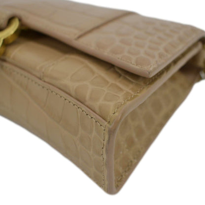 BALENCIAGA Hourglass Crocodile Embossed Leather Chain Shoulder Bag Light Brown