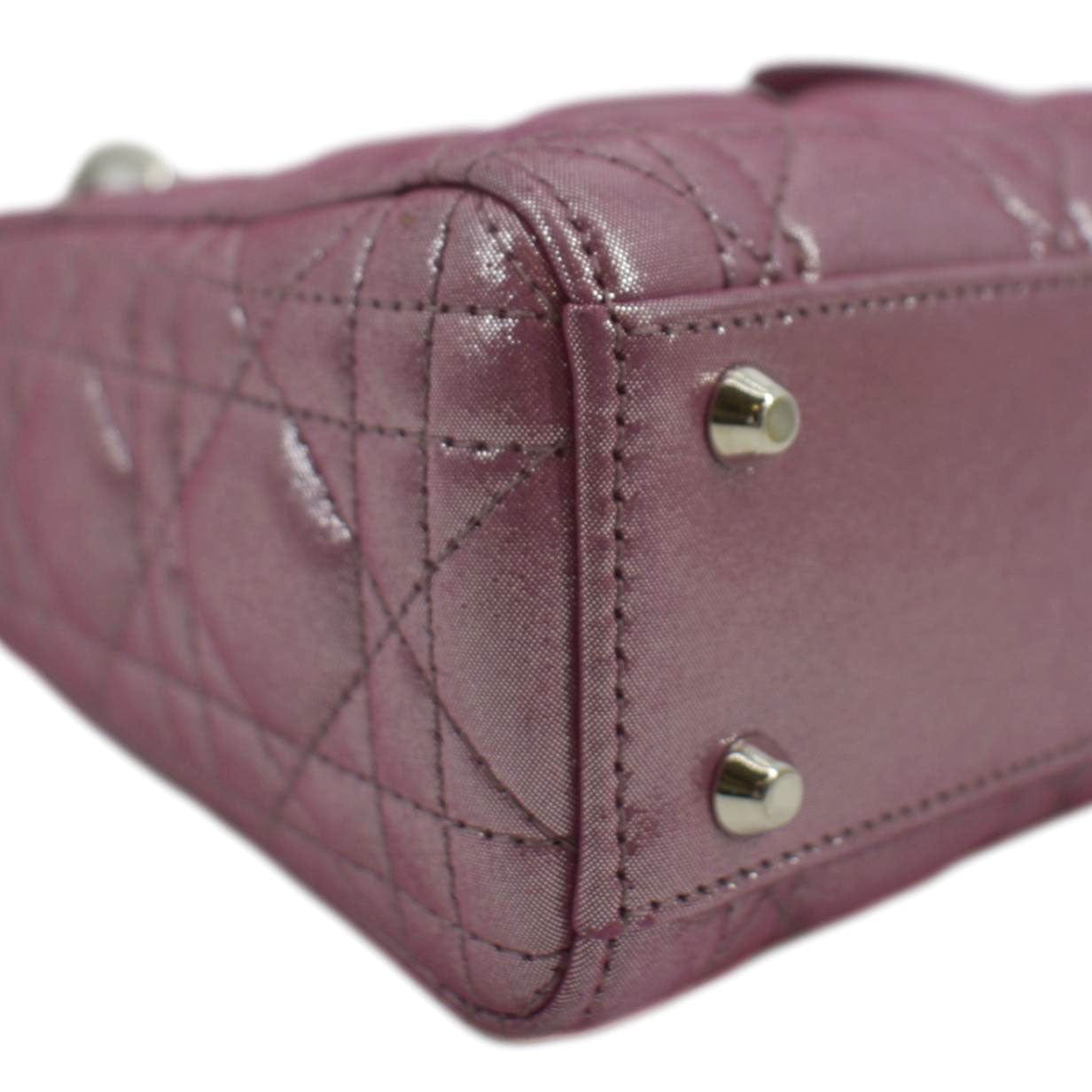 CHRISTIAN DIOR Mini Lady Dior Pearlescent Cannage Lambskin Shoulder Bag Dark Pink
