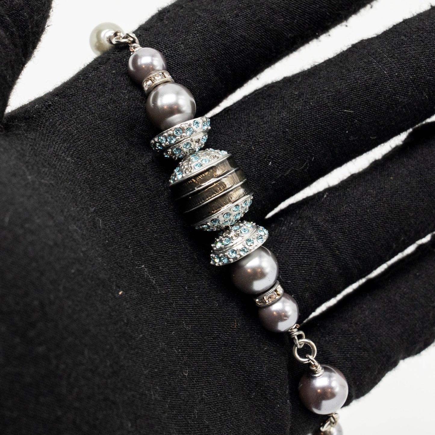 Chanel Crystal/Pearl CC Logo Long Necklace Silver Tone