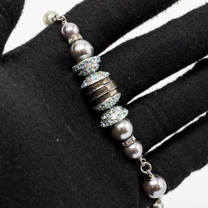 Chanel Crystal/Pearl CC Logo Long Necklace Silver Tone