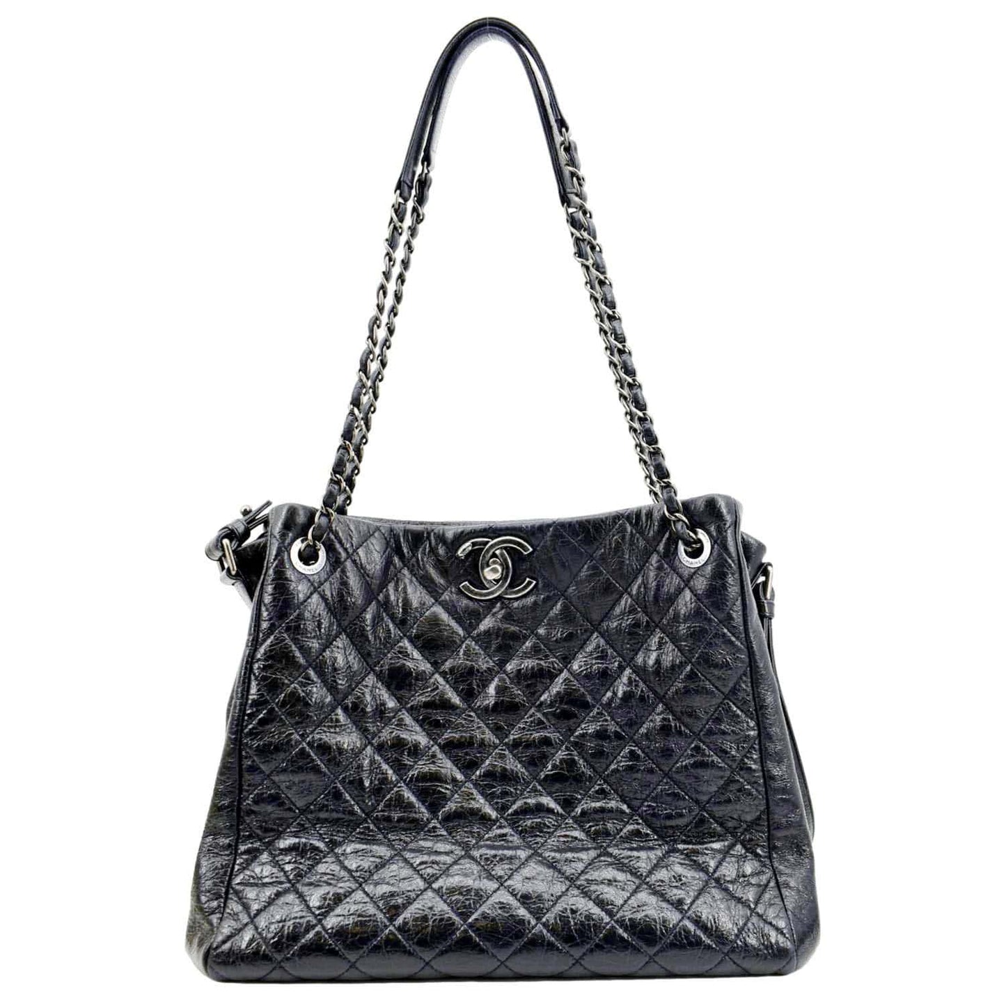 CHANEL Glazed Aged Calfskin Distressed Tote Shoulder Bag Blue
