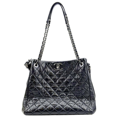 CHANEL Glazed Aged Calfskin Distressed Tote Shoulder Bag Blue