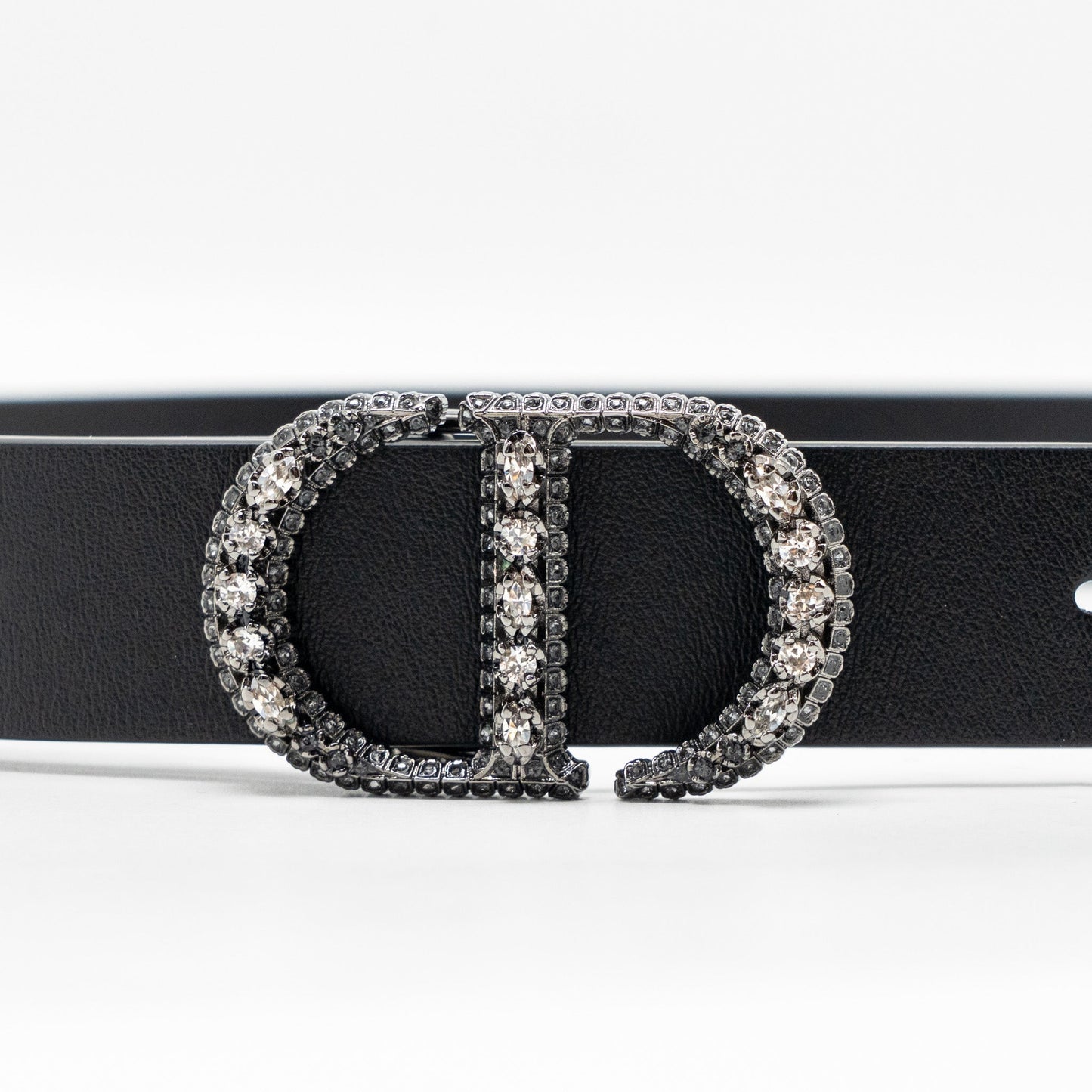 Dior Size 85 Crystal 25mm Belt Calfskin Black with Black Hardware