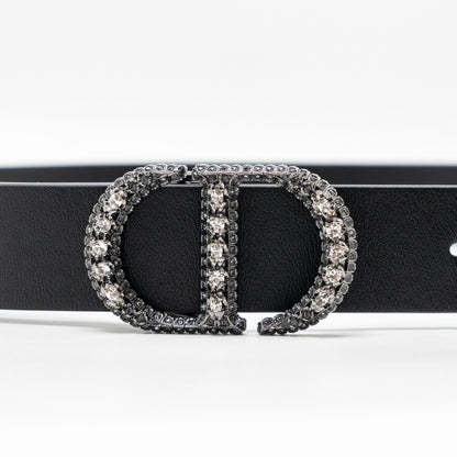 Dior Size 85 Crystal 25mm Belt Calfskin Black with Black Hardware