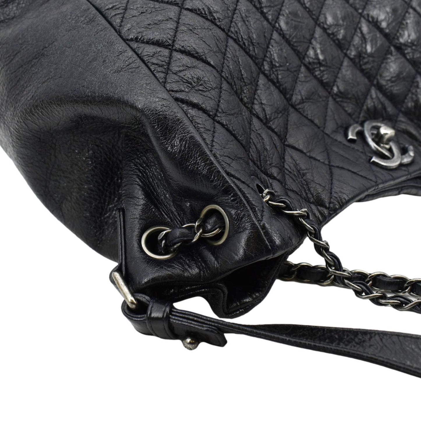 CHANEL Glazed Aged Calfskin Distressed Tote Shoulder Bag Blue
