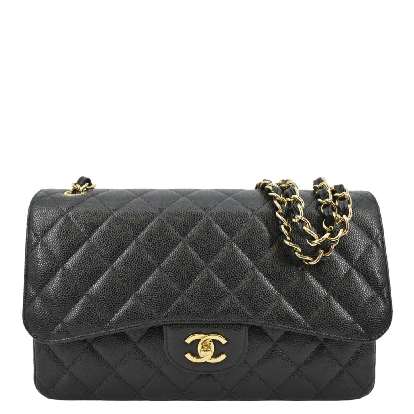 CHANEL Classic Jumbo Double Flap Quilted Caviar Leather Crossbody Bag Black