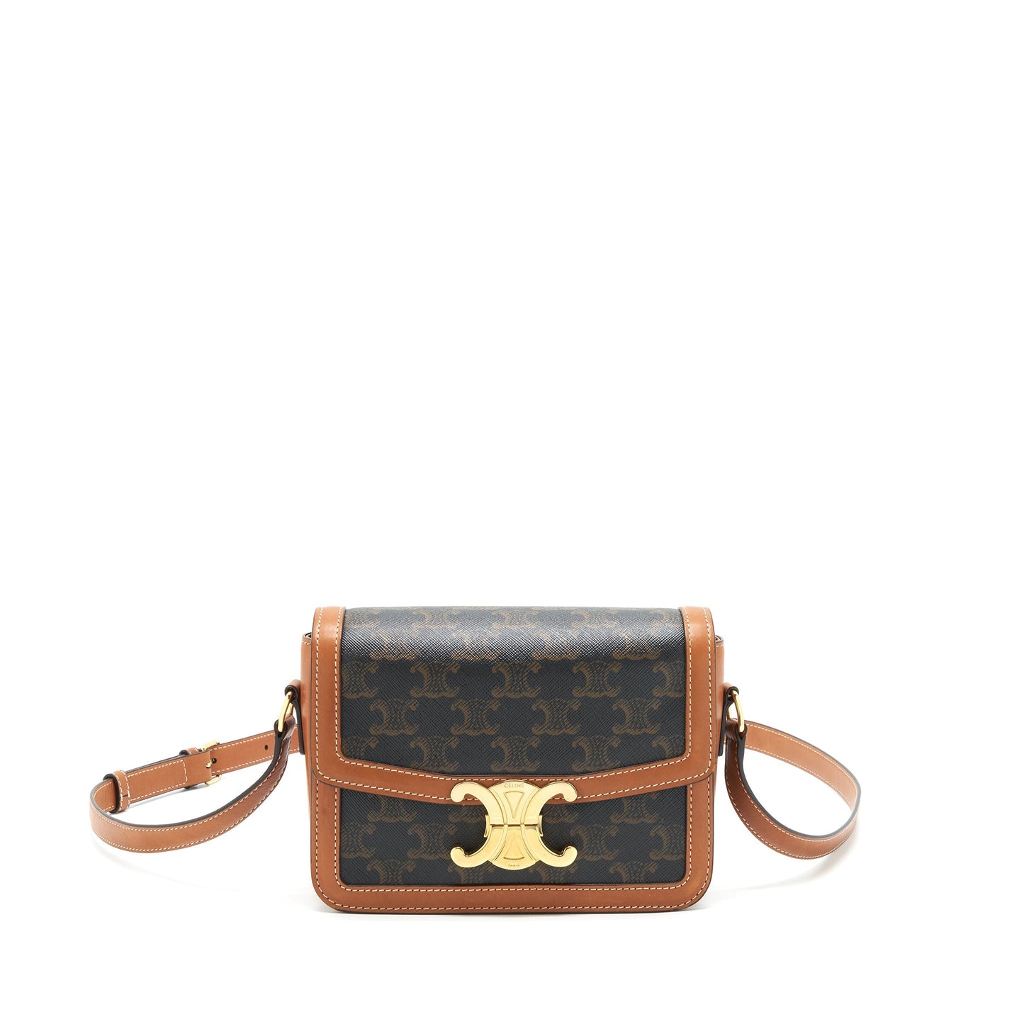 Celine Teen Triomphe Purse In Triomphe Canvas And Calfskin Tan