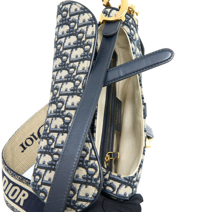 Dior Saddle Purse with Removable Shoulder Strap Oblique Embroidery Blue