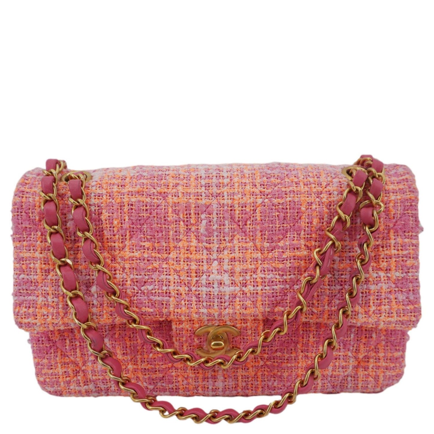CHANEL Rectangular Flap Medium Quilted Tweed Shoulder Bag Pink