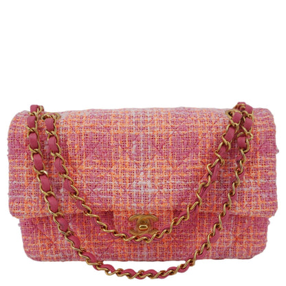 CHANEL Rectangular Flap Medium Quilted Tweed Shoulder Bag Pink