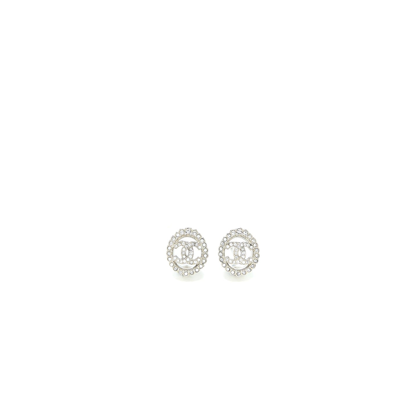 Chanel Round CC Logo Earrings Crystal Silver Tone