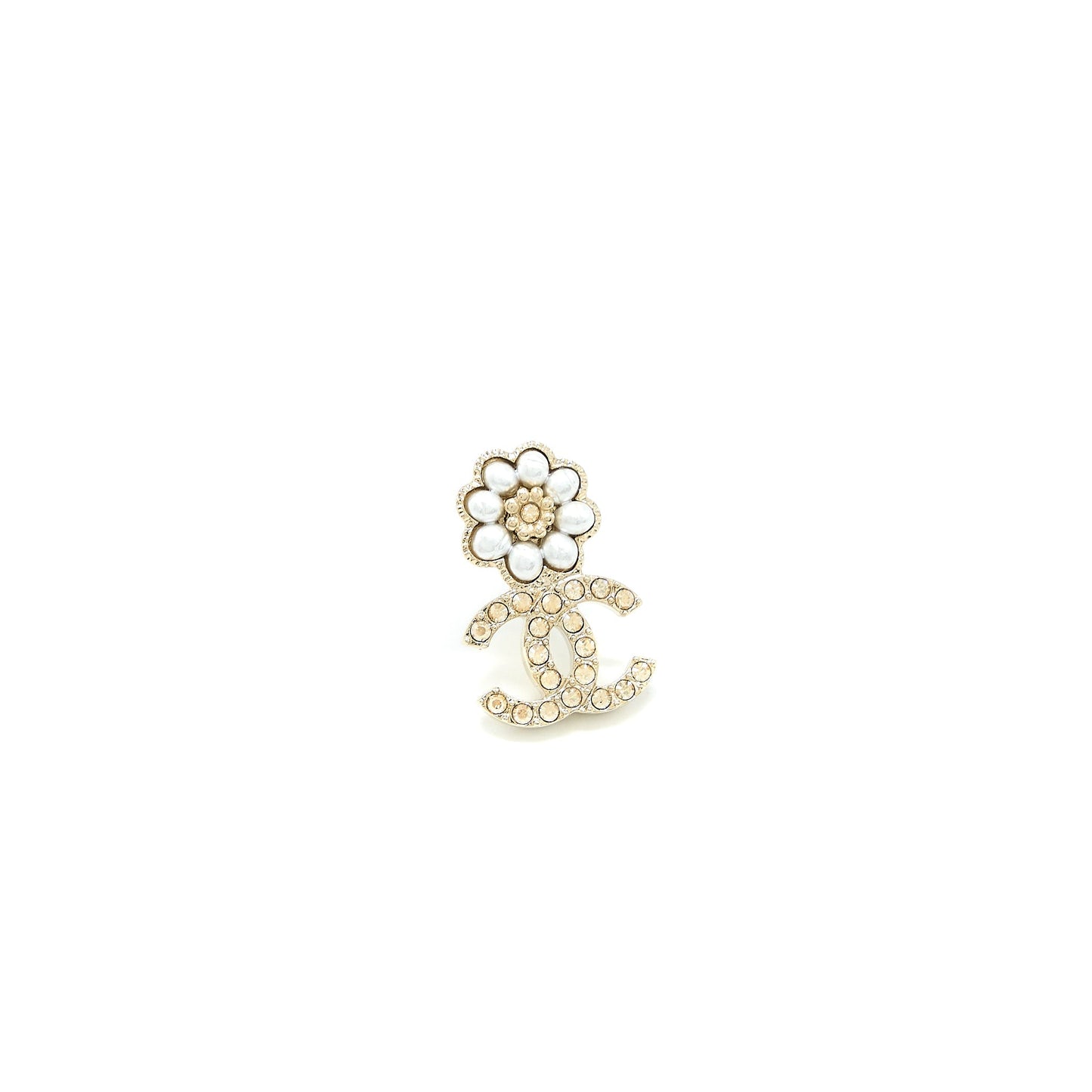 Chanel Camellia CC Logo Earrings Pearl/Crystal Light Gold Tone