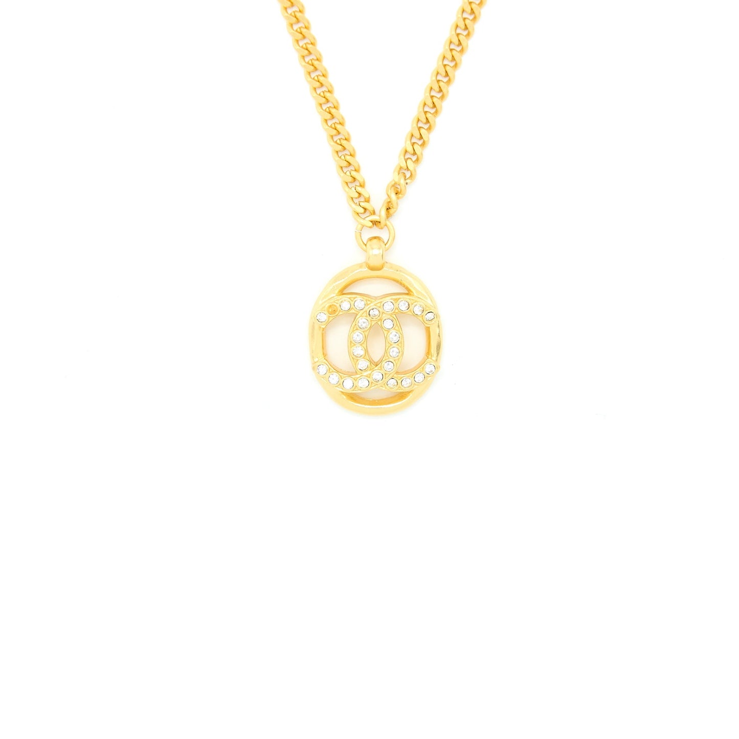 Chanel Round CC Logo Necklace Crystal Gold Tone