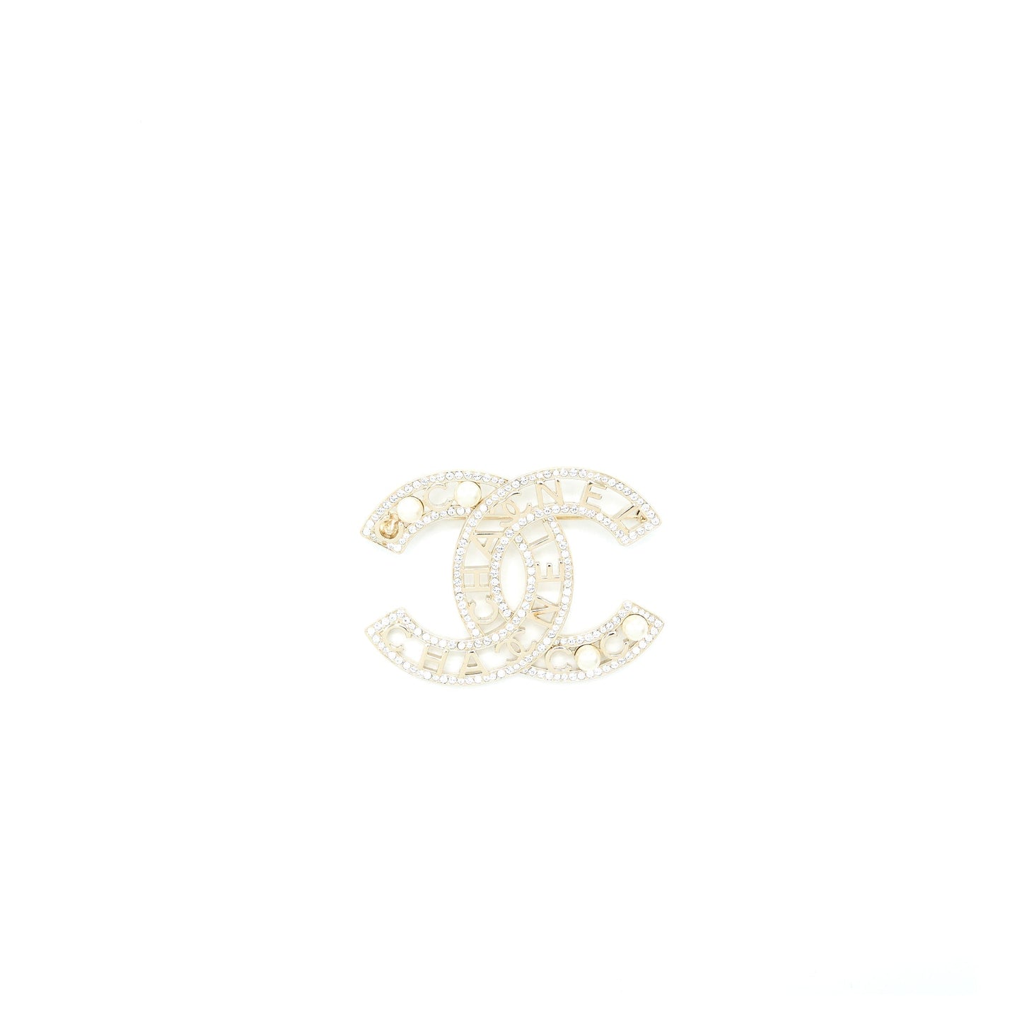 Chanel Large Model CC Logo with Crystal/Pearl Brooch Light Gold Tone